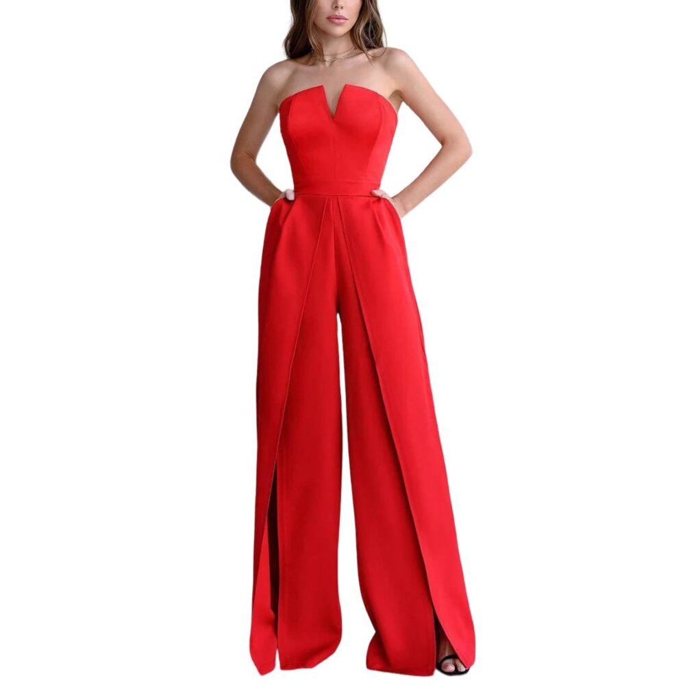 Backless Notched Neck Bare Shoulders Split Wide Pants Strapless Tube Jumpsuit - Picture 5 of 7